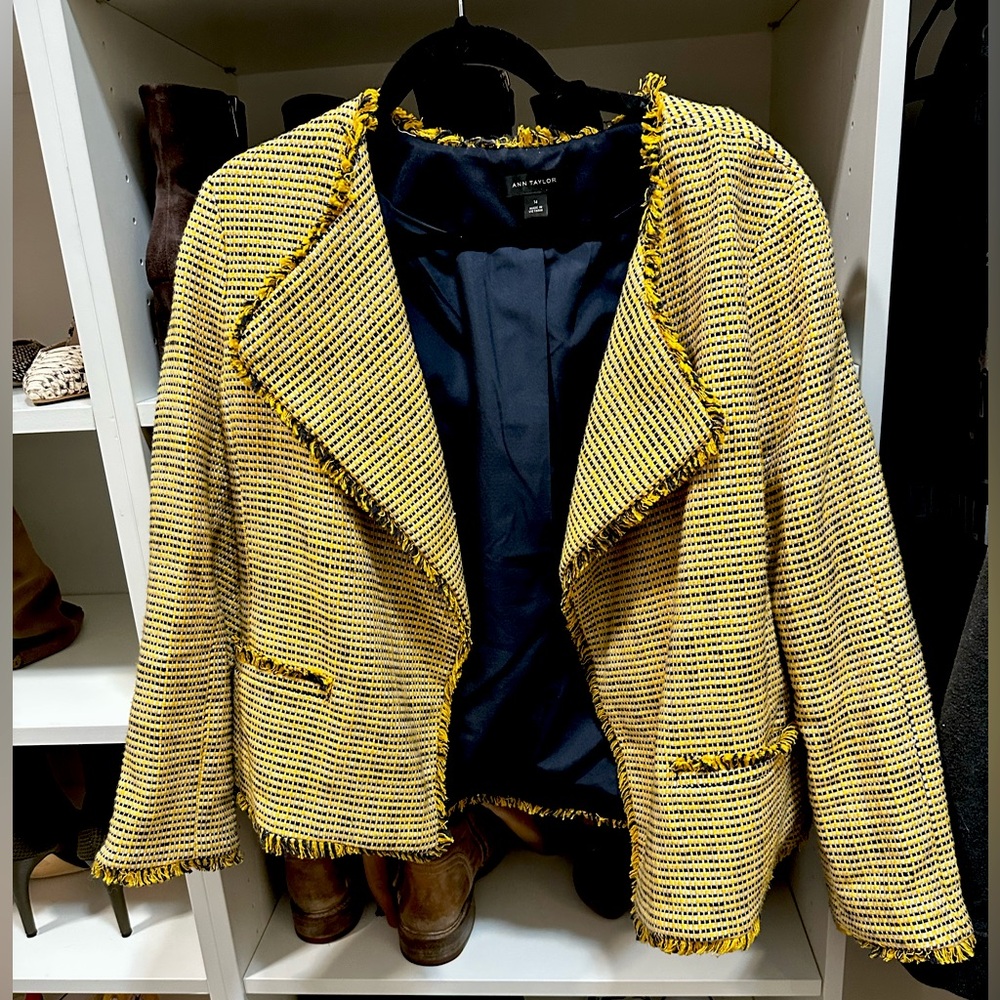 NWOT Ann Taylor yellow/navy tweed jacket size 14